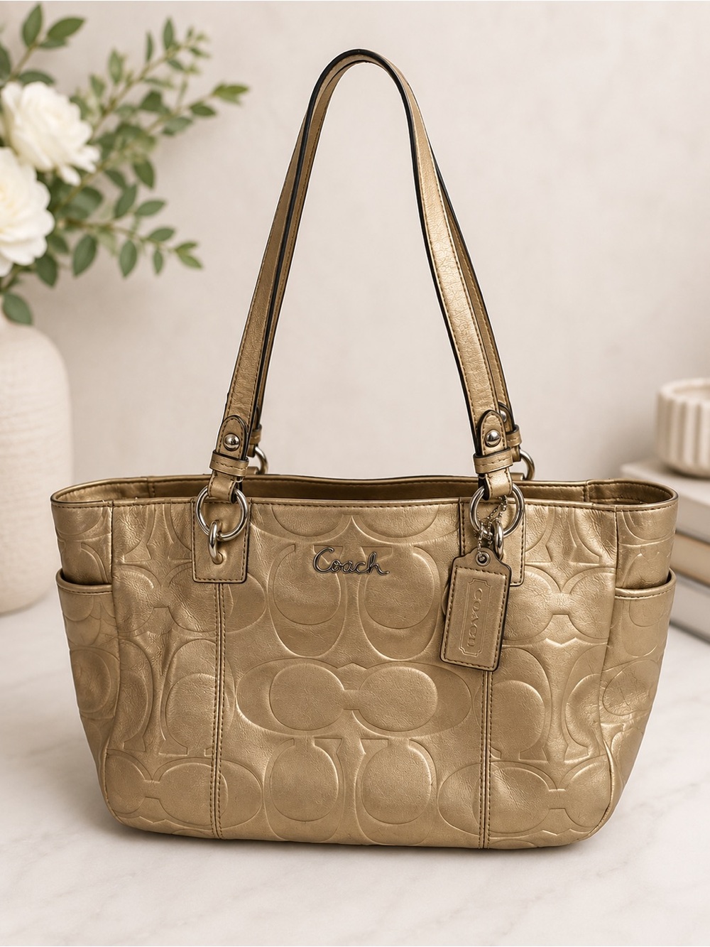 Coach East West Gallery Tote Bag in Metallic Gold w/Lavender Non-Branded Dustbag